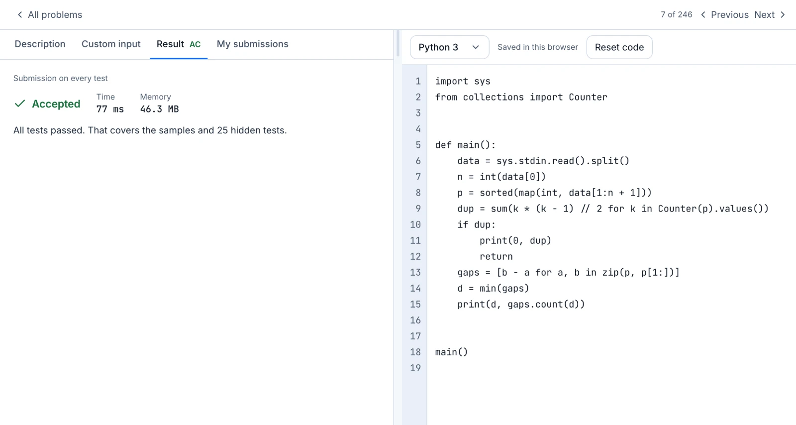 The AlgoRank workspace on the problem Closest Gap: a Python 3 solution on the right, and on the left an Accepted result with the time and memory the judge measured.
